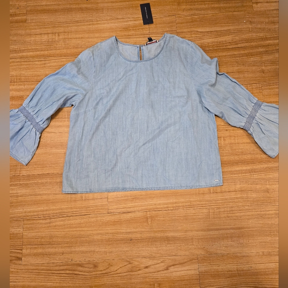 Tommy Hilfiger Women's Blouse Denim Blue  Bell Sleeve Long Size XL